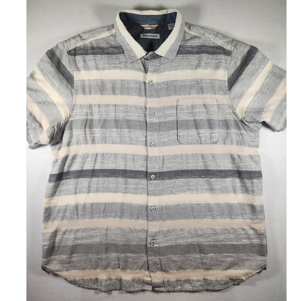Tommy Bahama Mens XXL Sandy Beach Stripe Short Sleeve Linen Blend Coastal Shirt
